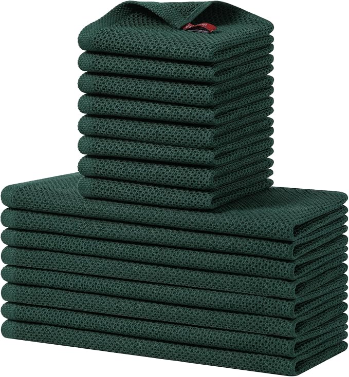 Homaxy 16 Pack 100% Cotton Kitchen Towels and Dishcloths Set,Blackish Green | 12 x 12 Inches and 13 x 28 Inches Kitchen Towels Set, Ultra Soft Absorbent Dish Cloths for Washing Dishes by Homaxy