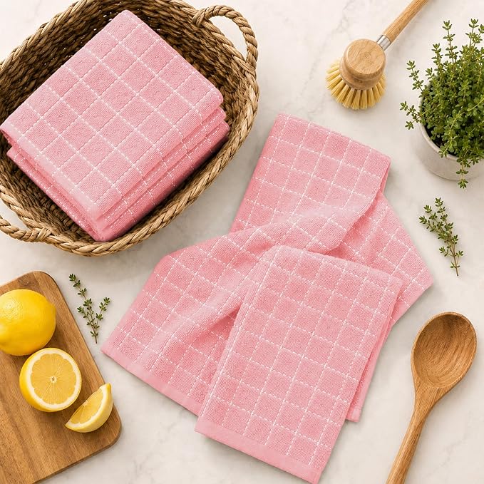 Kitinjoy 100% Cotton Terry Kitchen Towels, 13”x 28”, 8-Pack, Pink | Checkered Designed, Ultra Soft Absorbent Quick Drying Dish Towels - Image 9