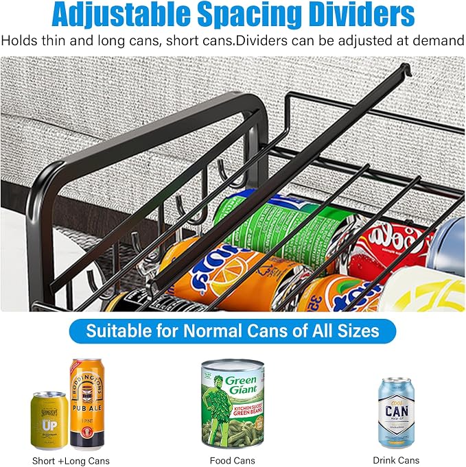 6-Tier Stackable Soda Can Rack Organizer for Pantry, Black, 2 Pack | Adjustable Can Dispenser Holds Up to 60 Cans, with 12 Hooks,Can Storage Holder for Various Ounces of Canned Food Soda Drinks - Image 3