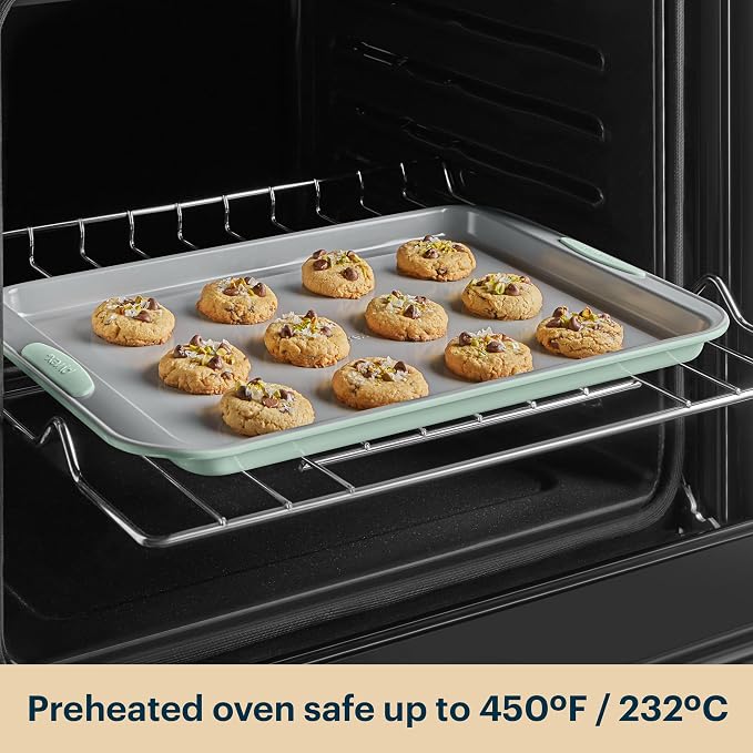 Pyrex 3-Piece Metal Cookie Sheet Bakeware Set with Heatsafe Handles, Sage | Lightweight stainless steel baking trays with heatsafe silicone handles, made without PFAS, mercury, lead, cadmium & BPA - Image 7
