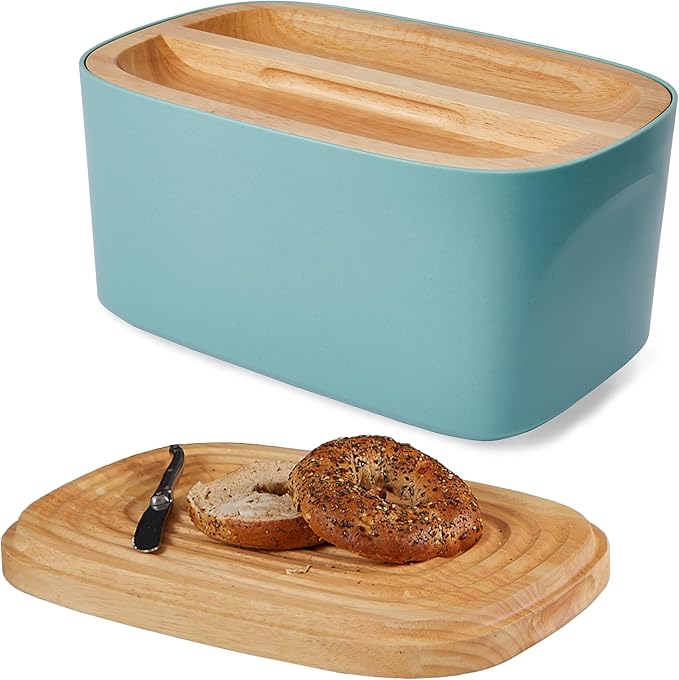 Sonder Los Angeles Union Large Bread Box | Fits Full Sourdough Loaves and More | Breadbox with Cutting Board | Homemade Bread Bin Storage Container | 14.25x9.25x7 in | Blue Green | Bamboo Fiber & Recycled Plastic Body with Reversible Bread Board Lid, K... by Unknown