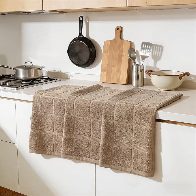 Homaxy 100% Cotton Kitchen Towels 18"x28", 8 Pack Dish Towels, Khaki | Large 380 GSM Soft and Absorbent Kitchen Hand Towels with Terry Grid Design, Utility Tea Towel Set with Hanging Loop - Image 6