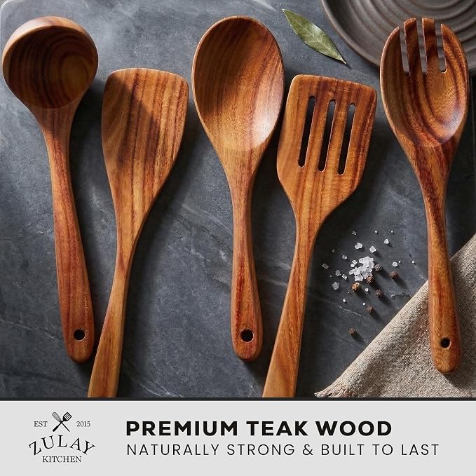 Zulay Kitchen Extra-Large 5-Piece Wooden Spoon Set - Smooth Teak Cooking Utensils - Comfort-Grip Non-Stick Turner, Spatula, Skimmer, Fork, Serving Spoon - Image 2