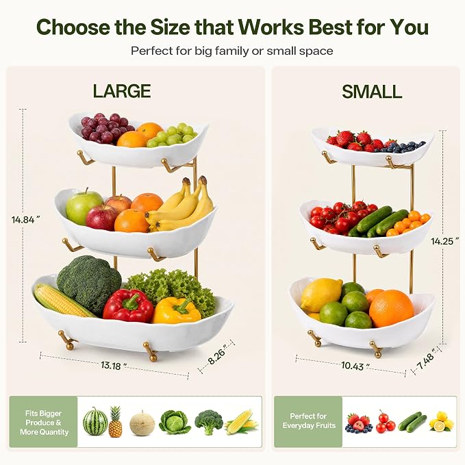 HBlife Large Fruit Bowl for Kitchen Counter - 3 Tier Fruit Basket with Gold Metal Stand, Ceramic Fruit Holder, Tiered Serving Trays for Party - Image 4
