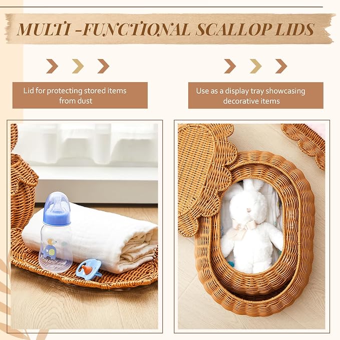 2 Pcs Scalloped Rattan Baskets, Baby Diaper Caddy, Imitation Woven Rattan Wicker Storage Baskets Plastic with Lid for Nursery Storage Organizer Bathroom Decor (Dark Brown,Small,Medium) - Image 3