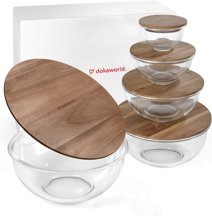 Set of 5 Nesting Glass Bowls with New Updated Acacia Lids for Foodprep, Storage, Mixing & Cooking - Microwave & Oven-ready BPA Free Durable Heat Resistant Inert Borosilicate Glass - Image 9