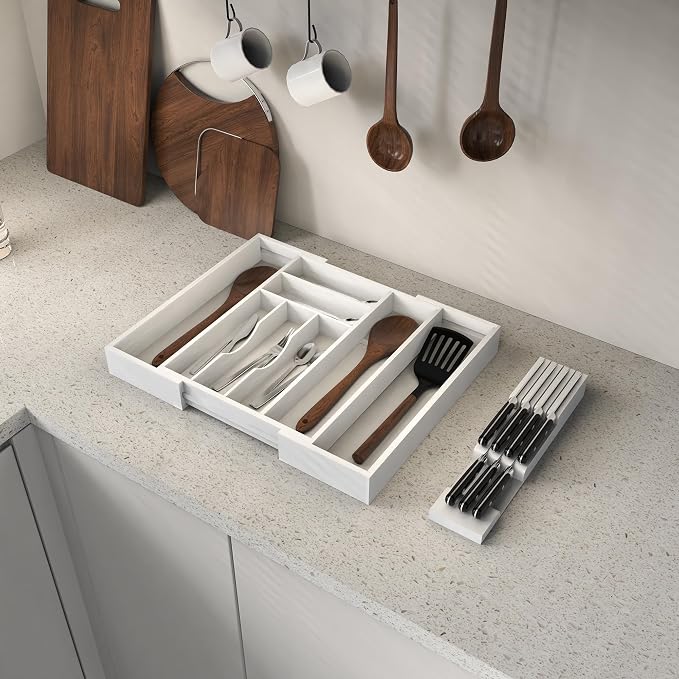 Bamboo Kitchen Drawer Organizer, Expandable Silverware Organizer with Removable Knife Block, 6-8 Slots- Utensil Holder & Cutlery Tray Drawer Dividers, 2.36" Deep for Extra Capacity, White - Image 6