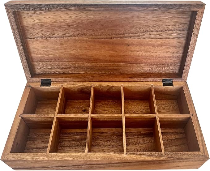 Ironwood Gourmet Acacia Wood Tea Box, 10 Compartment XL Tea Chest | Store & Display Tea Bag Collections | Beautiful Acacia Wood Tea Storage Box With Lid | Great For Jewelry and Arts & Crafts by Ironwood