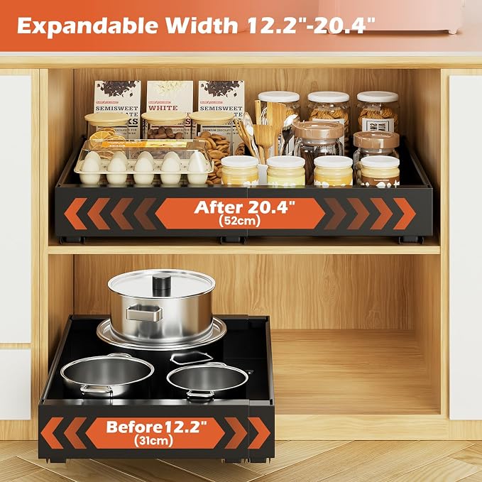 lockincar 2Pack Expandable Pull Out Cabinet Organizer 21" Deep, Adjustable Width 12.2"-20.4" Slide Out Drawers & Roll Out Shelves for Kitchen Cabinets, Easy Install with Double-Sided Adhesive, Black - Image 3