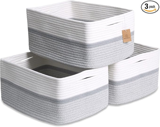 NaturalCozy Storage Baskets 16.8”x13”x7.6” Cotton Rope Woven Baskets for Organizing 3-Pack | Toy Storage Bins | Basket for Shelves, Laundry, Blanket, Clothes, Closet, Kitchen, Bathroom, Gifts by NaturalCozy