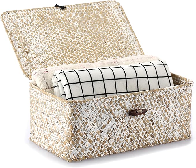 Hipiwe Wicker Shelf Baskets with Lid, X-Small Woven Seagrass Basket Bin | Rectangular Storage Baskets Household Basket Boxes for Shelf Home Organizer and Decor, Whitewash - Image 8