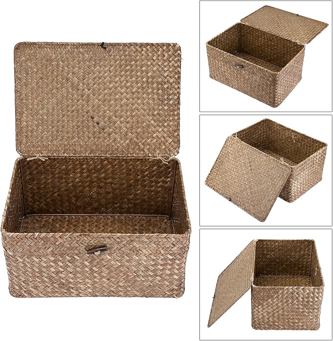 Hipiwe Wicker Shelf Baskets Bin with Lid Large Handwoven Basket Box, Coffee | Natural Seagrass Storage Baskets, Rectangular Household Basket Boxes for Shelf Wardrobe Home Organizer - Image 3