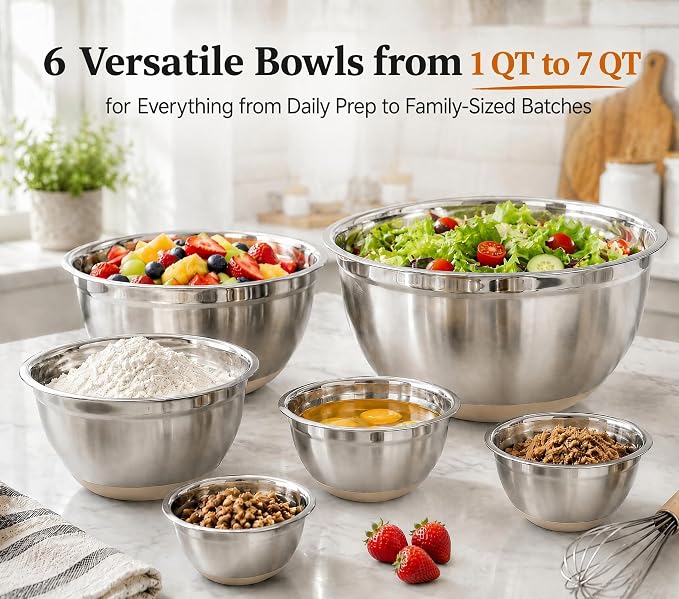 7QT 30PCS Mixing Bowls with Lids Set, 7QT to 1QT Stainless Steel Nesting Bowls with Graters, Non-Slip Silicone Bottom, Large Khaki Bowls & 21 Measuring Cups and Spoons Set Kitchen Appliances - Image 7