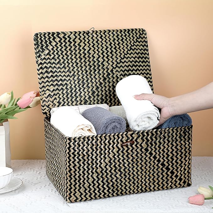 Hipiwe Wicker Shelf Baskets Bin with Lid, Handwoven Seagrass Basket Storage Bins Rectangular Household Basket Boxes for Shelf Wardrobe Home Organizer, Black,X-Large - Image 4