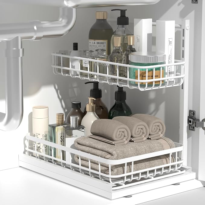Under Sink Organizer, Adjustable Height Pull-Out Kitchen Storage Organization,15.8" x 11.8" x 16.5", 2-Tier Kitchen Shelf, Bathroom Drawer Organizer, 2 Pack|White - Image 7