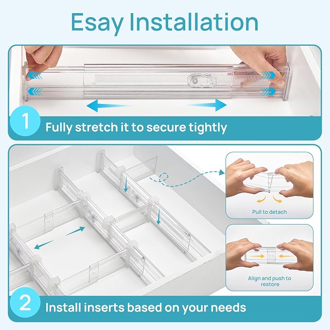 Vtopmart 2.36” Drawer Dividers with Expandable Inserts, 12.8"-22.3" Adjustable Kitchen Drawer Organizer, Clear Plastic Organizer Separator for Flatware, Utensil, Cutlery, 6 Dividers with 10 Inserts - Image 6