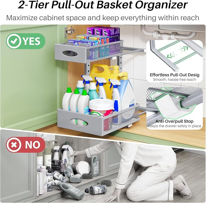 Under Sink Organizer, 1-Pack Pull Out Cabinet Organizer 2 Tier Metal Slide Out Storage Shelf Rack, L-Shaped Adjustable Height,Mesh Sliding Drawer for Kitchen, Bathroom, Laundry, Pantry, Grey, XL - Image 4
