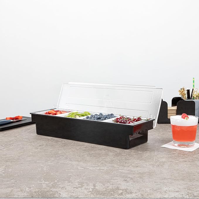 Restaurantware Bar Lux 19.6 x 6.3 x 3.7 Inch Condiment Caddy 1 Durable Bar Caddy - 4 Removable Compartments Built-In Lid Black Plastic Condiment Holder For Restaurant Store Cocktail Garnish - Image 9