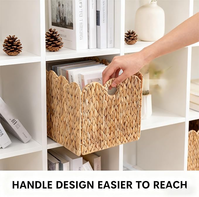 Scalloped Wicker Storage Cubes Basket, 12”x12“ Heavy Duty Paper rope/Hyacinth/Seagrass Baskets for Shelves, Foldable Natural Boho Square Bins (Water Hyacinth&12 x 12 x 12in&4-Pack) - Image 5