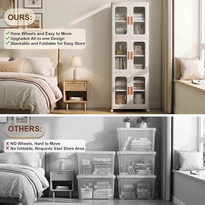 3-Tier Tall Narrow Plastic Storage Cabinet, Foldable | Rolling Organizer with Lid,Doors,Stackable, Adjustable Shelves, Durable PP,Freestanding Bathroom Cabinet for Small Slim Space - Image 6