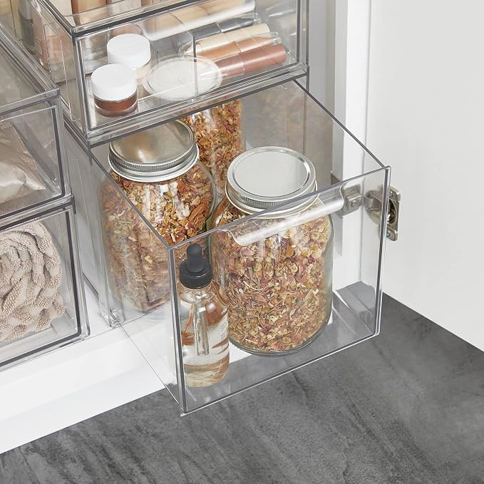 mDesign Plastic Stackable Bathroom Storage with Pull Out Bin Organizer Drawer for Cabinet, Vanity, Shelf, Cupboard, Cabinet, or Closet Organization - Lumiere Collection - Clear - Image 5
