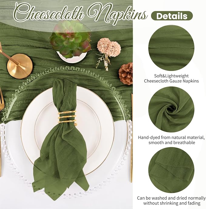 50 Pack Olive Green Napkins 20x20Inch Cheesecloth Napkins | Elegant Cloth Napkins for Table, Washable Rustic Boho Gauze Napkins, for Wedding Party Bridal Baby Shower Christmas Decor - Image 3