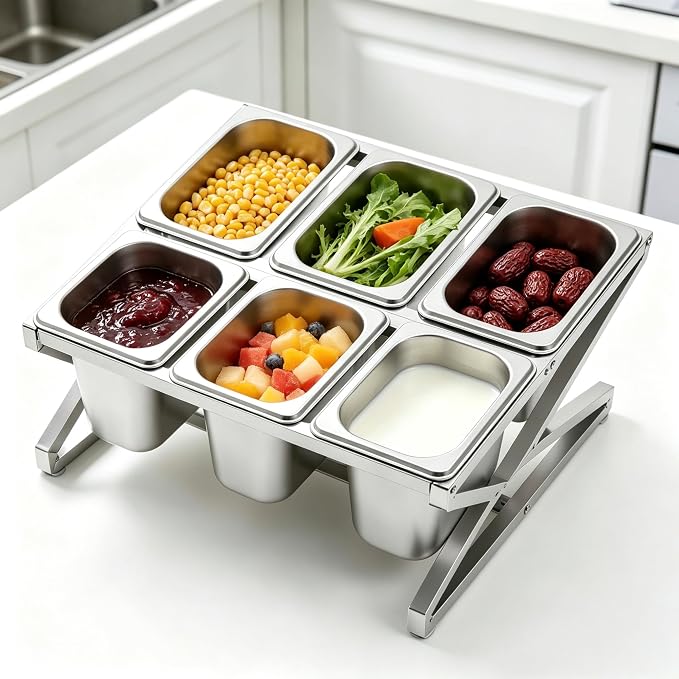 Pizza Topping Station Condiment Container Food Prep Ingredients Holder | Stainless Steel Organizer Container Set Spice Rack with 6 Pans& Lids for Kitchen Restaurants Buffes - Image 6