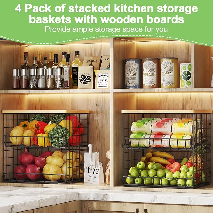 4 Pack Stackable Wire Baskets for Pantry Organizers and Storage, Pantry Baskets with Fixed Wooden Top, Fruit and Vegetable Storage Bins for Organizing Onion Potato Snack for Kitchen Cabinet/Countertop - Image 5