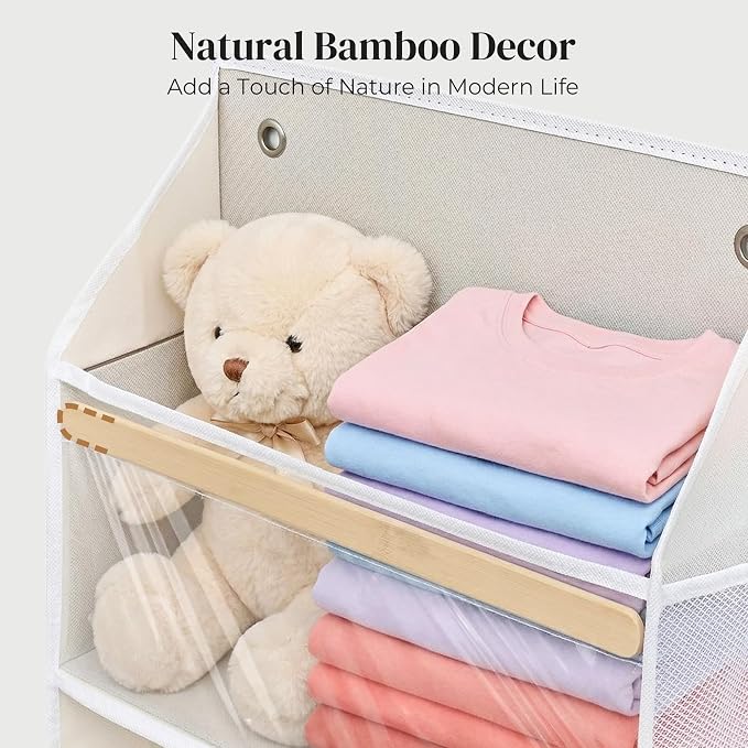 5 Tiers Natural Bamboo Over Door Organizer with 10 Mesh Side Pockets, 50 lbs Weight Capacity Hanging Storage Organizer with Clear Window Kids Toys, Shoes, Diapers, Warm Beige,2 Pack - Image 5