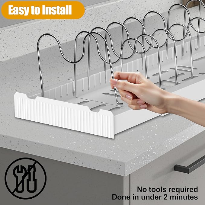 Pot and Pan Organizer 2 Pack,Expandable Lid Organizer Inside Cabinet | Easy to Install, Each Rack Contains 10 Frames, Easy to Clean, 304 Stainless Steel, High-Strength PP Plastic, White - Image 7