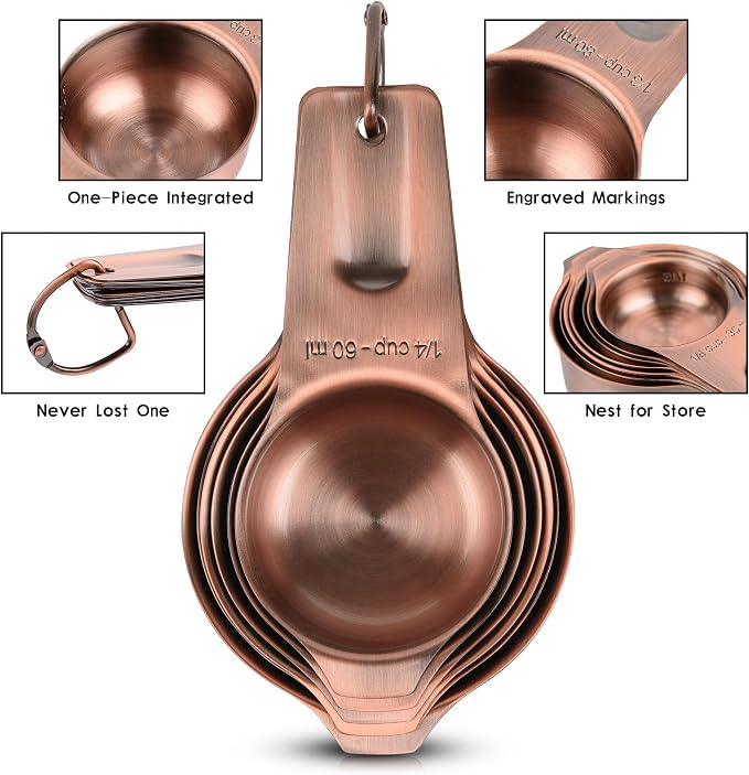 Copper Measuring Cups and Spoons Set 17, 7 Stainless Steel Measuring Cups&9 Long Hanlde Narrow Measuring Spoons for Spice Jar&Leveler, Kitchen Metric&US Measure Cup Spoons for Dry and Liquid - Image 6