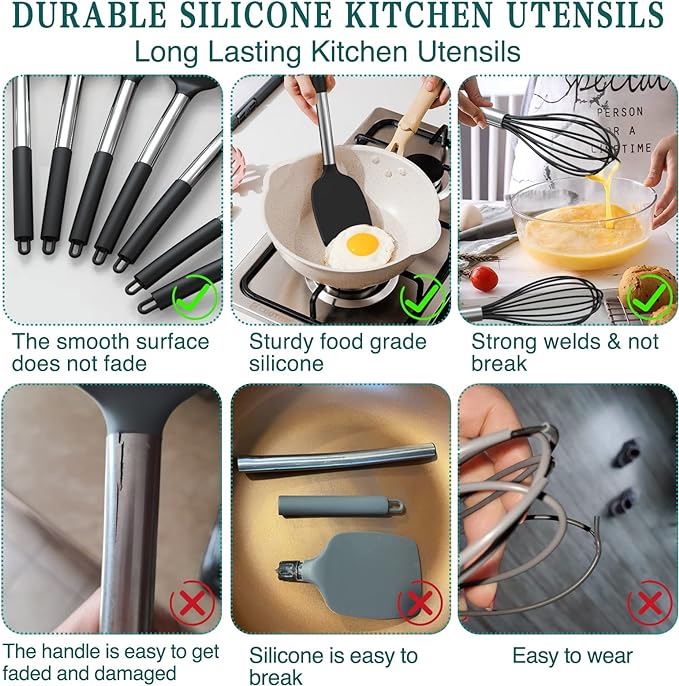 Silicone Cooking Utensil Set, Umite Chef 15pcs Silicone Cooking Kitchen Utensils Set, Non-stick - Best Kitchen Cookware with Stainless Steel Handle - Black Kitchen Utensils - Image 3