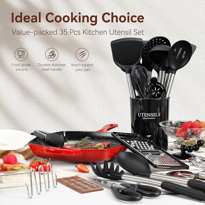 NCUE 35 Pcs Silicone Cooking Utensils Set BPA Free 446°F Heat Resistant | Stainless Steel Handles Kitchen Utensils Set, Thickened Heads Silicone Grips Nonstick Dishwasher Safe for Baking Housewarming - Image 2