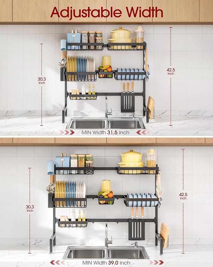Sakugi Dish Drying Rack Over The Sink, Dish Drainer for Kitchen Counter | Stainless Steel Storage Organizer with Utensil Knife Holder & Hooks, Adjustable 11.8"Dx31.5"~39"Wx30"H, Black - Image 3