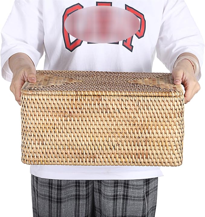 Hipiwe Rattan Basket With Lid Rectangular Lidded Basket Wicker Storage Bin | Hand-Woven Natural Basket Box for Shelf Organizing Picnic Food Bread Table Storage Basket, 15.1 x 11.2 x 7.3 Inch - Image 7