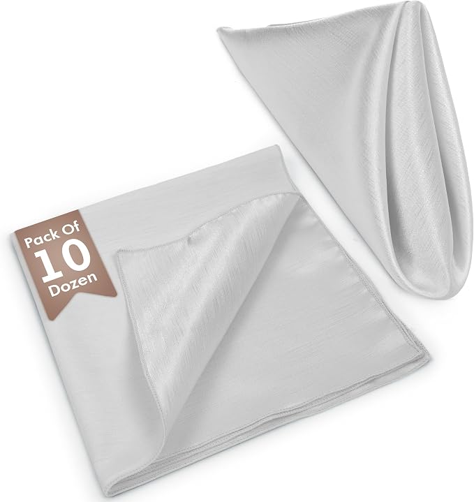 17x17-Inch Shantung Satin Cloth Napkins, Silver Set of 120 | Bulk Case of 10 Dozen, Square, 100% Polyester Fabric, Reversible, Faux Dupioni Silk Reverse Side, Machine Washable - Image 2