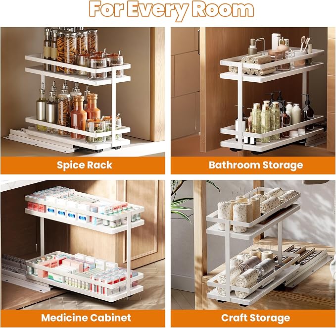 Pull Out Spice Rack 2Pcs Metal & Wood Seasoning Organizer White | No-Drill Install | Full-Extension Silent Glide | Each Tier Holds 10–12 Standard Spice Bottles | Rustproof, Wipe-Clean Surface - Image 2