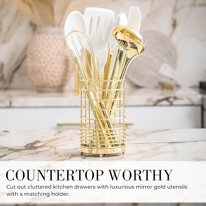 Styled Settings White and Gold Kitchen Utensils, 7-Piece | Nonstick Silicone Cooking Utensils Set with Gold Utensil Holder, White and Gold Kitchen Accessories for Modern Kitchens - Image 4