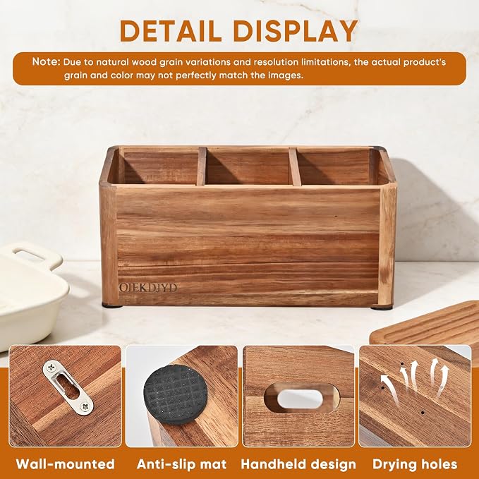 Wooden Cooking Utensil Holder & Crock for Kitchen Countertop | Fast-Absorbing Diatomaceous Mat, Removable Separator, Non-Slip Base & Side Handles, Large 3-Compartment Crock - Image 3