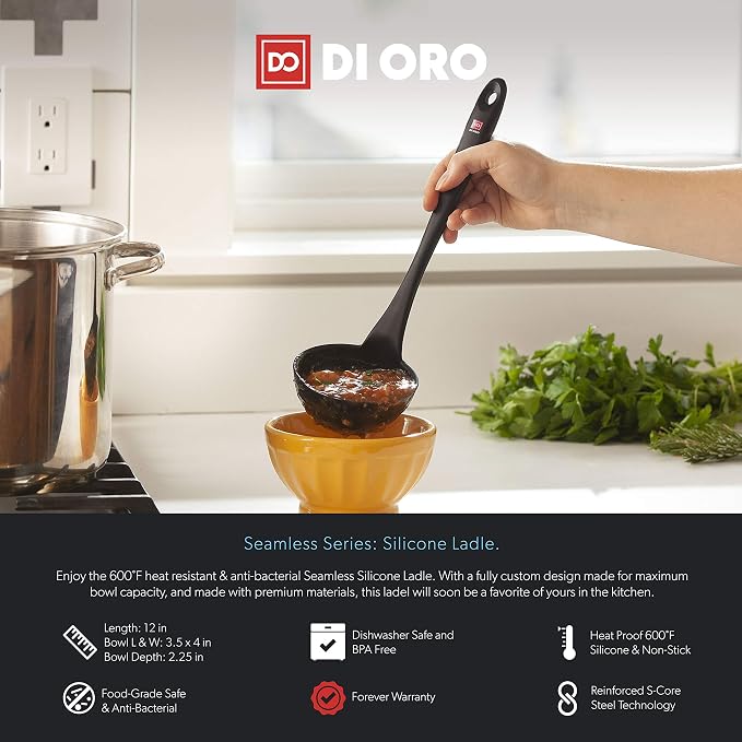 DI ORO 11-Piece Silicone Kitchen Set - 600°F Nonstick Heat-Resistant Utensils - 3 Turners, 5 Seamless Spatulas, 2 Spoons, 1 Ladle - Tools for Cooking & Baking - Dishwasher Safe, Easy to Clean (Black) - Image 8