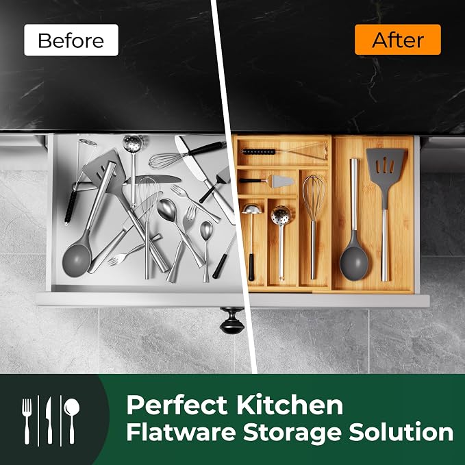 Large Silverware Organizer, 12 Slots Magnetic Connected Expandable Bamboo Utensil Drawer Organizer From 21 to 37.4 Inches, Adjustable Flatware and Cutlery Holder, Utensil Tray for Kitchen Natural - Image 7