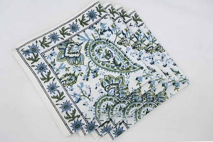 16x16 Inches Cotton Napkins Set of 4, White Green, Washable Hand Block Printed Reusable Cloth Napkins for Dinning, Party, Wedding, Home Decor Fall - Image 8