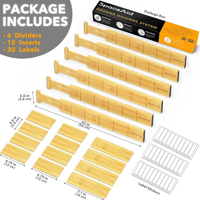 SpaceAid Bamboo Drawer Organizers with Labels, 4 Dividers with 9 Inserts (17-22 in), 6 Dividers with 12 Inserts (17-22 in) - Image 4