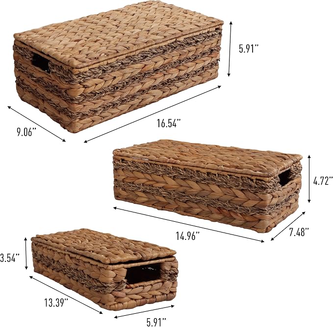 happimess Sandrine 3-Piece Hyacinth Storage Baskets with Lids, Natural | Handwoven Seagrass Wicker, Farmhouse Nesting Containers with Handles, Iron Metal Frame, Decorative Organizer Bins - Image 2