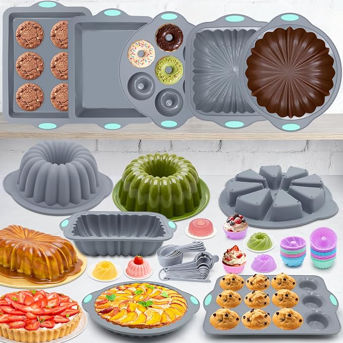 51 Piece Silicone Baking Pan Set, Non-Stick Bakeware Set with Baking Pans, Reusable Donut Mold, Food-Grade Silicone Molds for Cakes, Cookies, Muffins, Bread, Light Grey - Image 8