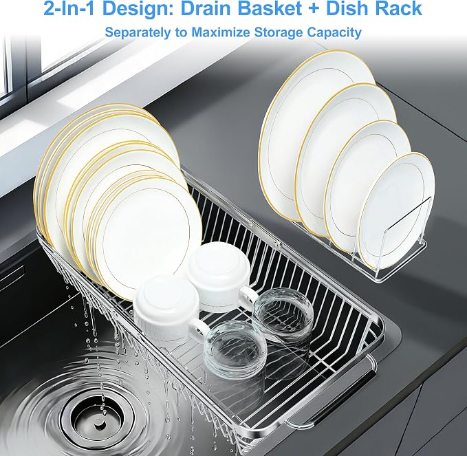 Over The Sink Dish Drying Rack Expandable Kitchen Sink Organizer | 304 Stainless Steel Dish Rack in Sink Drying Rack 2-in-1 Extend Sink Drain Basket and Dish Drainers for Kitchen Counter - Image 3
