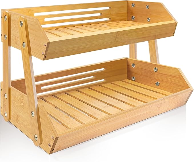 16.5" Fruit Stand Storage Holder 4 Sturdier Legs, 2-Tier Fruit Basket Bowl | Premium Produce Basket for Kitchen, Bamboo Fruit Bowl Holder for Fruit, Vegetables, Bread, Snacks, Countertop Organizer by BEWBOW