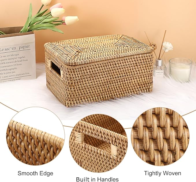 Hipiwe Rattan Basket with Lid Rectangular Lidded Wicker Storage Basket Bin | Natural Hand-Woven Basket Boxes for Shelf Organizing Picnic Food Bread Table Storage Basket, 12"x7.9"x 5.9" - Image 3