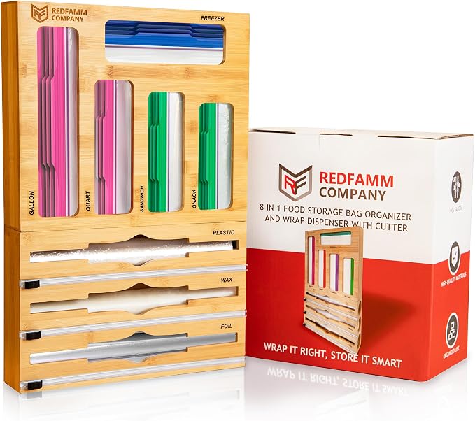 REDFAMM 8in1 Food Storage Bag Organizer Foil and Plastic Wrap Organizer with Cutter, Bamboo Plastic Bag organizer for Kitchen Drawer, Baggie Organizer for Gallon Quart Sandwich Snack Freezer by REDFAMM+COMPANY
