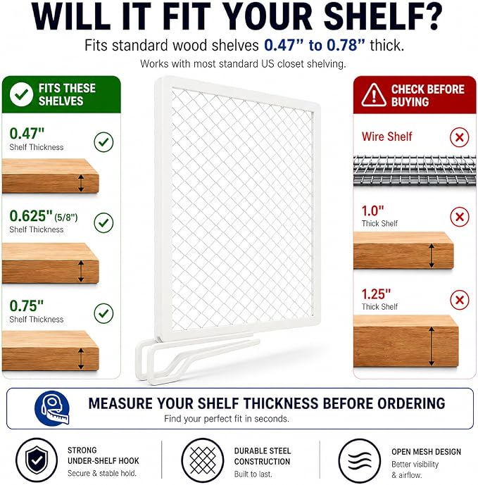 Nexu 6-Pack Metal Mesh Shelf Dividers for Closet Organization, Ultra-Stable Under-Shelf Hook Closet Dividers, Heavy Duty Purse, Handbag & Bag Organizer for Shelving, Clothes, Bedroom, White - Image 4